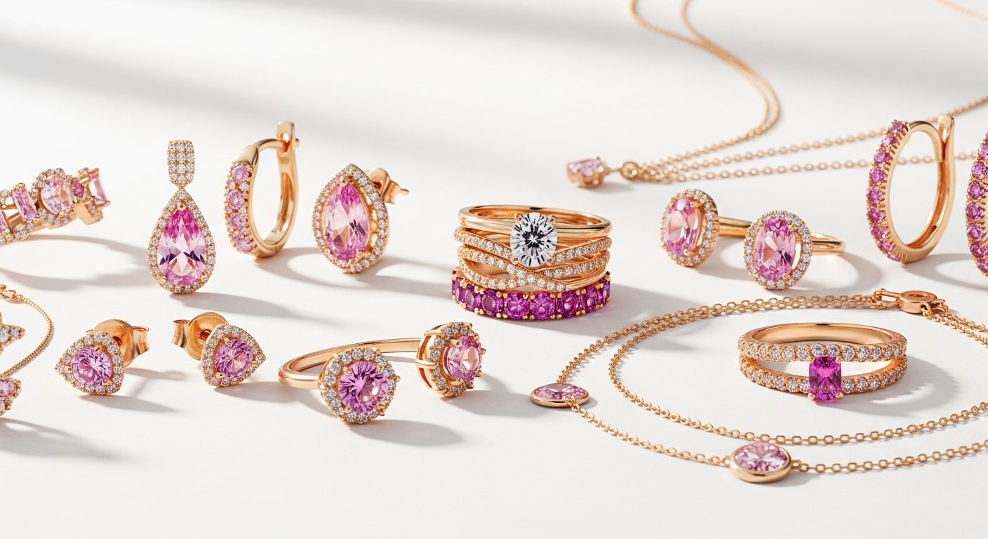 Joyería fina de oro con piedras rosas sobre terciopelo