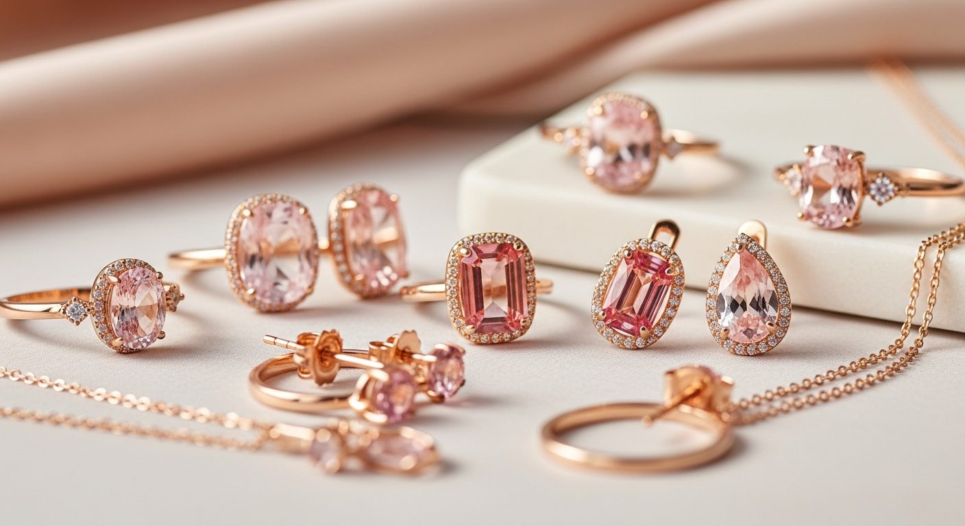 Anillos y dijes de acero dorado en exhibidor